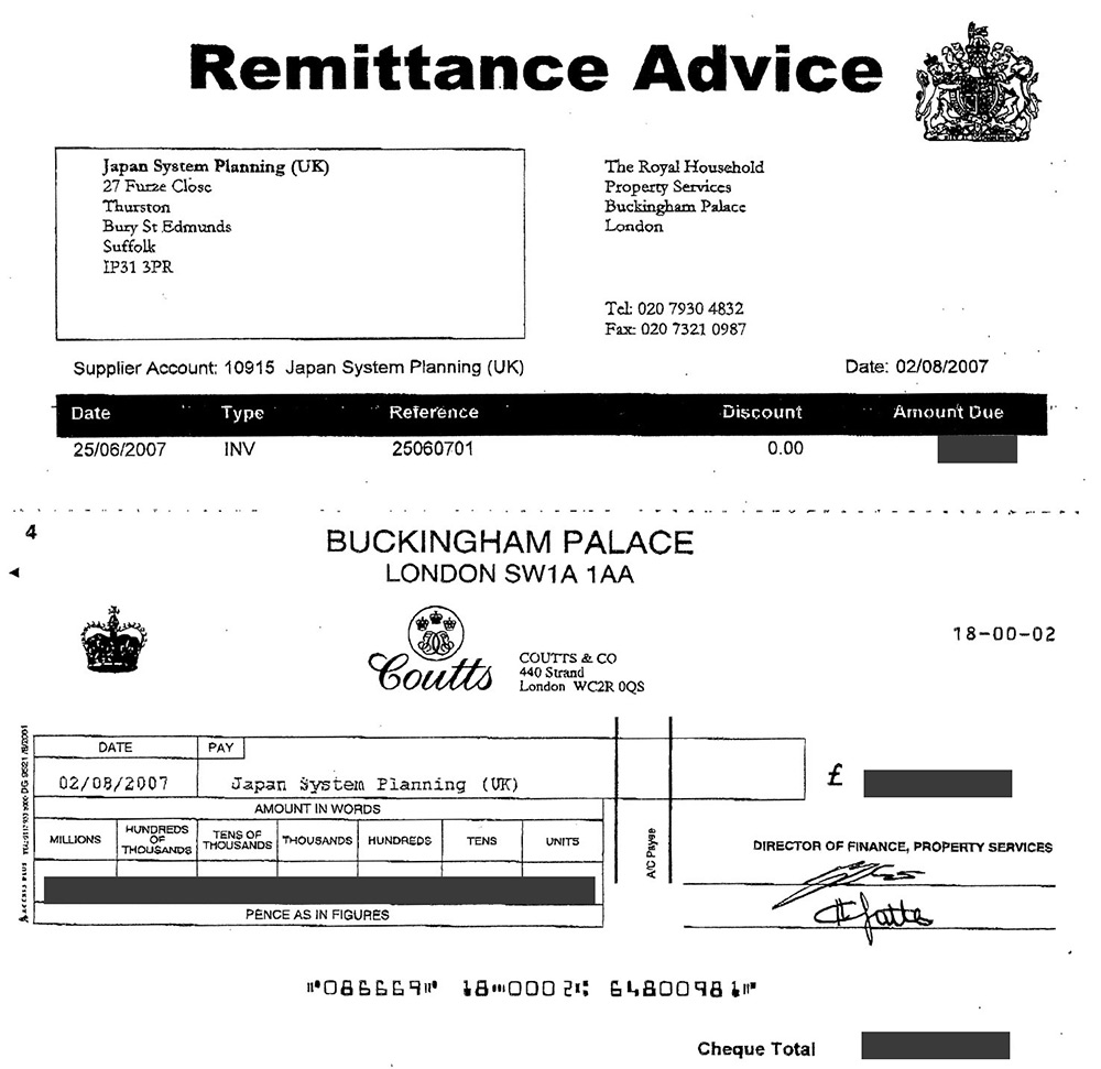 Remittance advice from Buckingham Palace